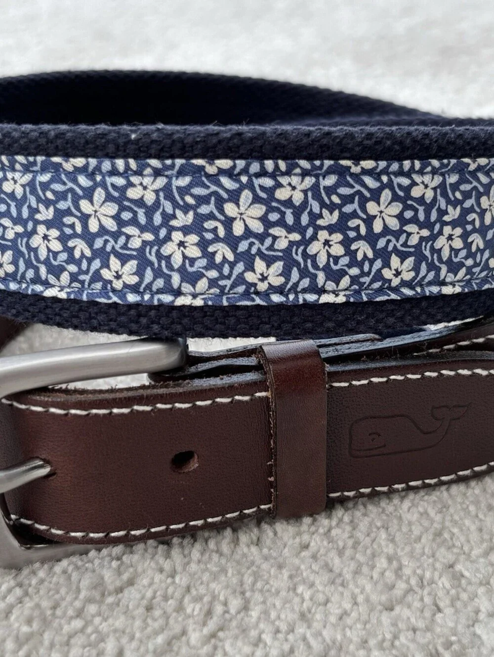 Vineyard Vines Blue Floral Cotton And Leather Belt Size 32 Nickel Buckle